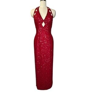 Scala Red Silk Sequin Beaded Vintage Halter Formal Gown | S